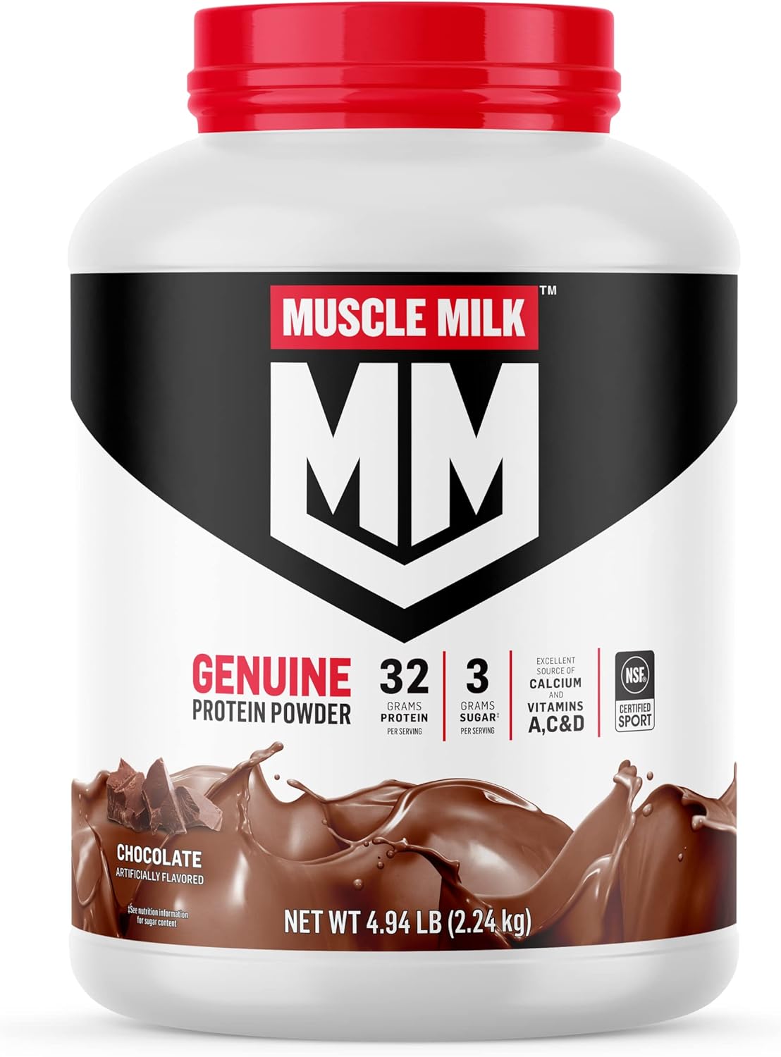 Muscle Milk Genuine Protein Powder, Chocolate, 4.94 Pound, 32 Servings, 32g Protein, 2g Sugar, Calcium, Vitamins A, C & D, NSF Certified for Sport, Energizing Snack, Packaging May Vary