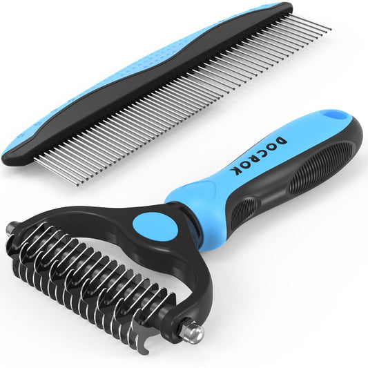 Pet Grooming Combo - Blue Deshedding Brush with Metal Comb for Detangling and Dematting Long, Matted Fur on Cats and Dogs