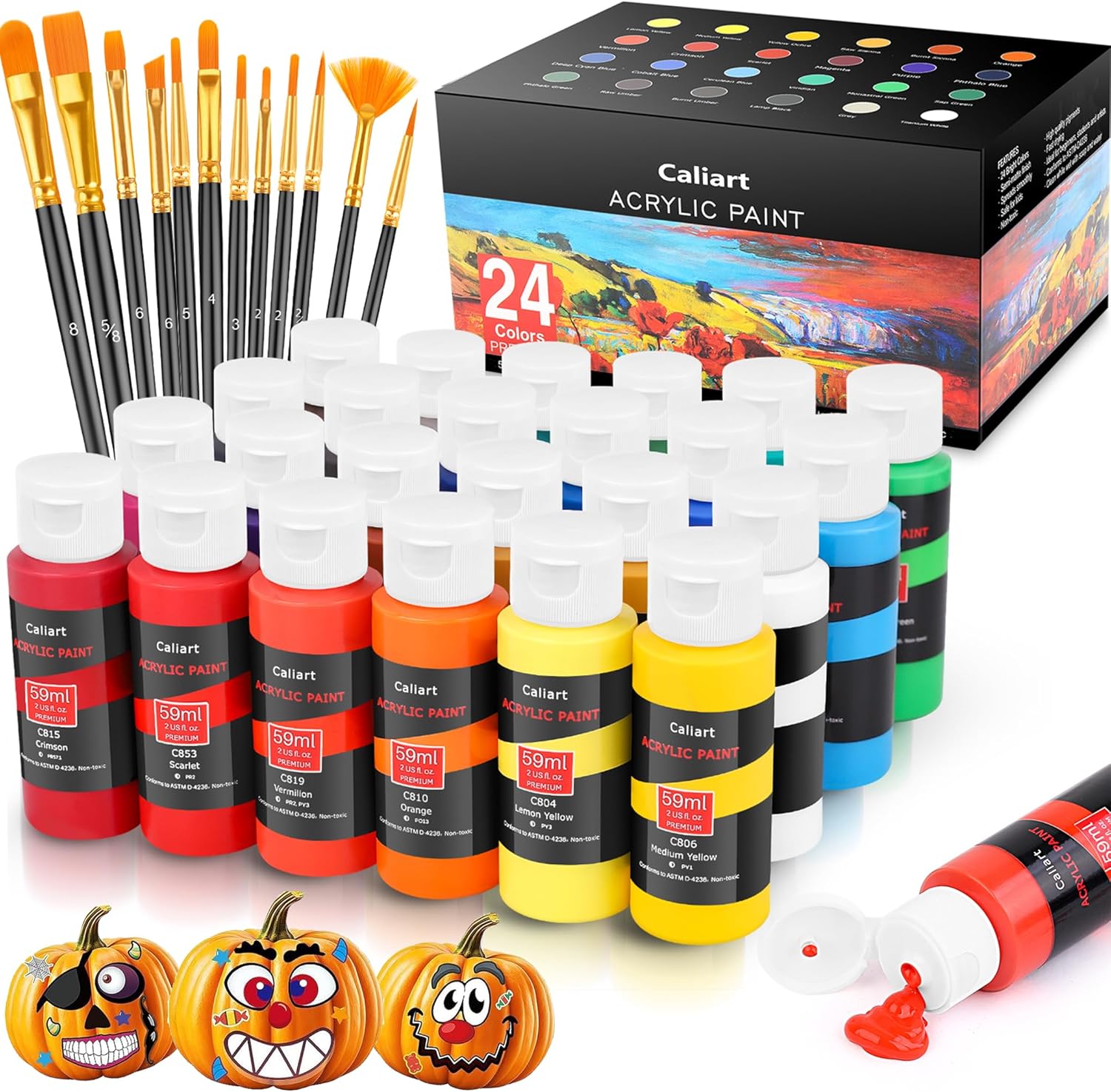 caliart-acrylic-paint-set-with-12-brushes-24-colors-59ml-2oz-art-craft-paints-gifts-for-artists-kids-beginners-painters-halloween-pumpkin-canvas-ceramic-rock-painting-kit-art-supplies