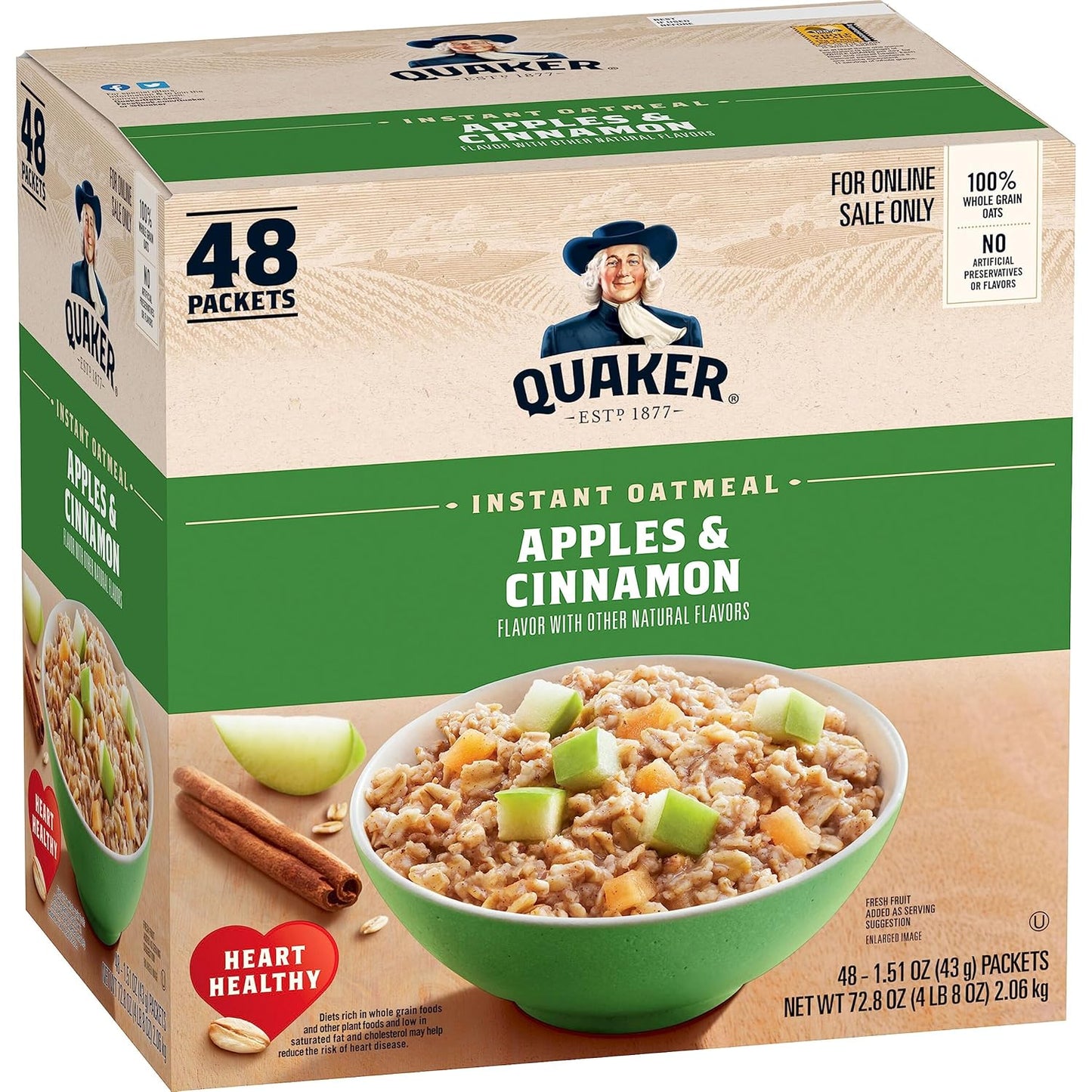 Instant Oatmeal, Apples and Cinnamon, Individual Packets (48 Count of 1.51 oz Packets), 72.48 oz